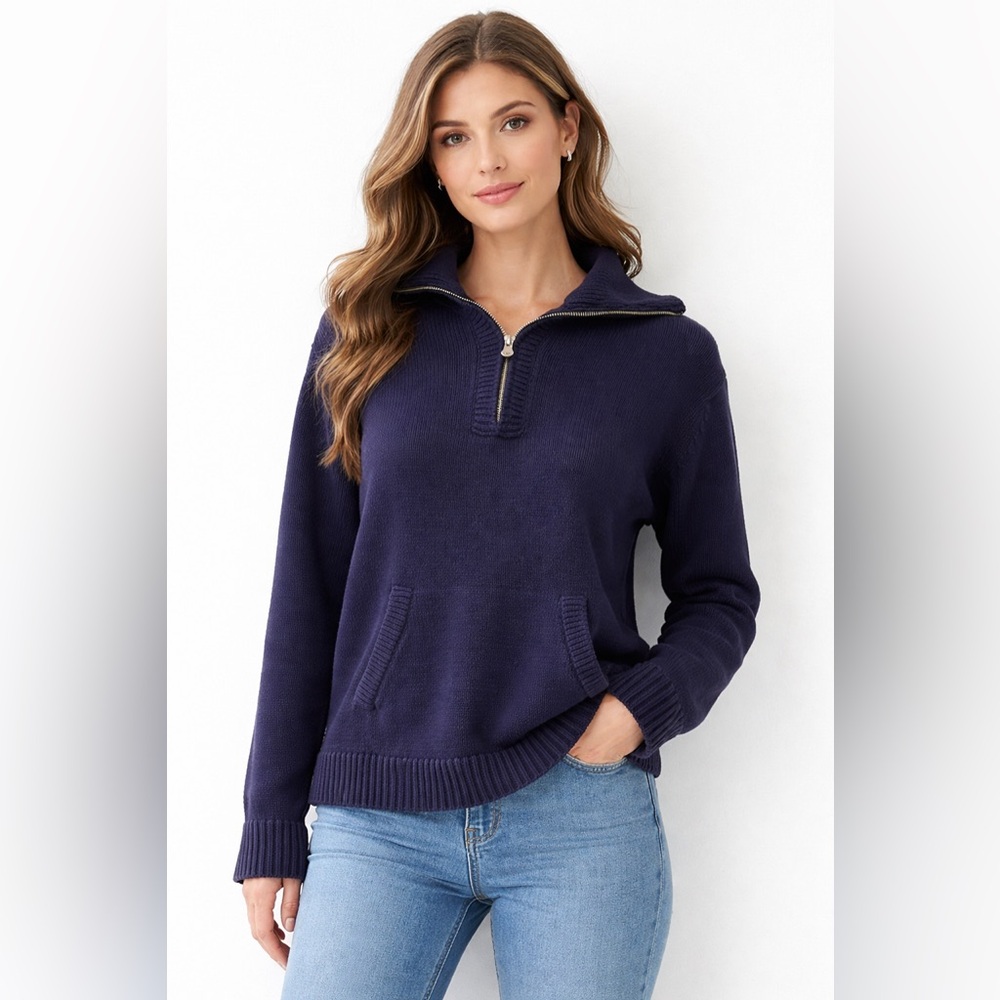 Liz Claiborne Navy Quarter Zip Knit Sweater Preppy Classic Size Petite Medium
